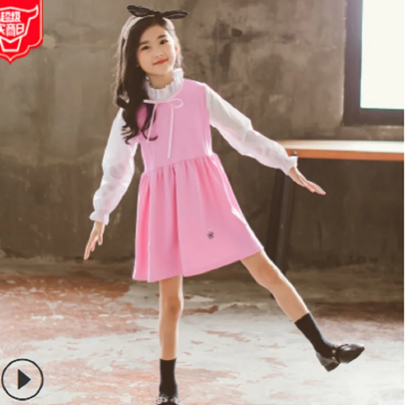

Girls Dress New 2019 Summer and Spring Cute Children's Dress Girls 2 Solid Colors Lolita Style Long Sleeve Dress Size4-14 ly200