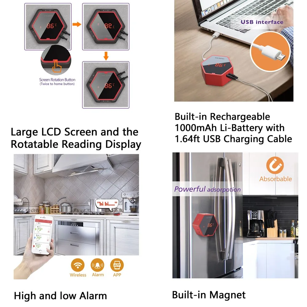 Inkbird 150ft Bluetooth термометр для барбекю IBT-6XS с магнитом Термометры для барбекю таймер и сигнализация 6 зондов USB аккумуляторная батарея