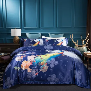 

Classic Peacock Luxury Silk Cotton Brocade Bedding Set Digital Printed Duvet cover Bed Sheet Pillowcases Queen King size 4pcs