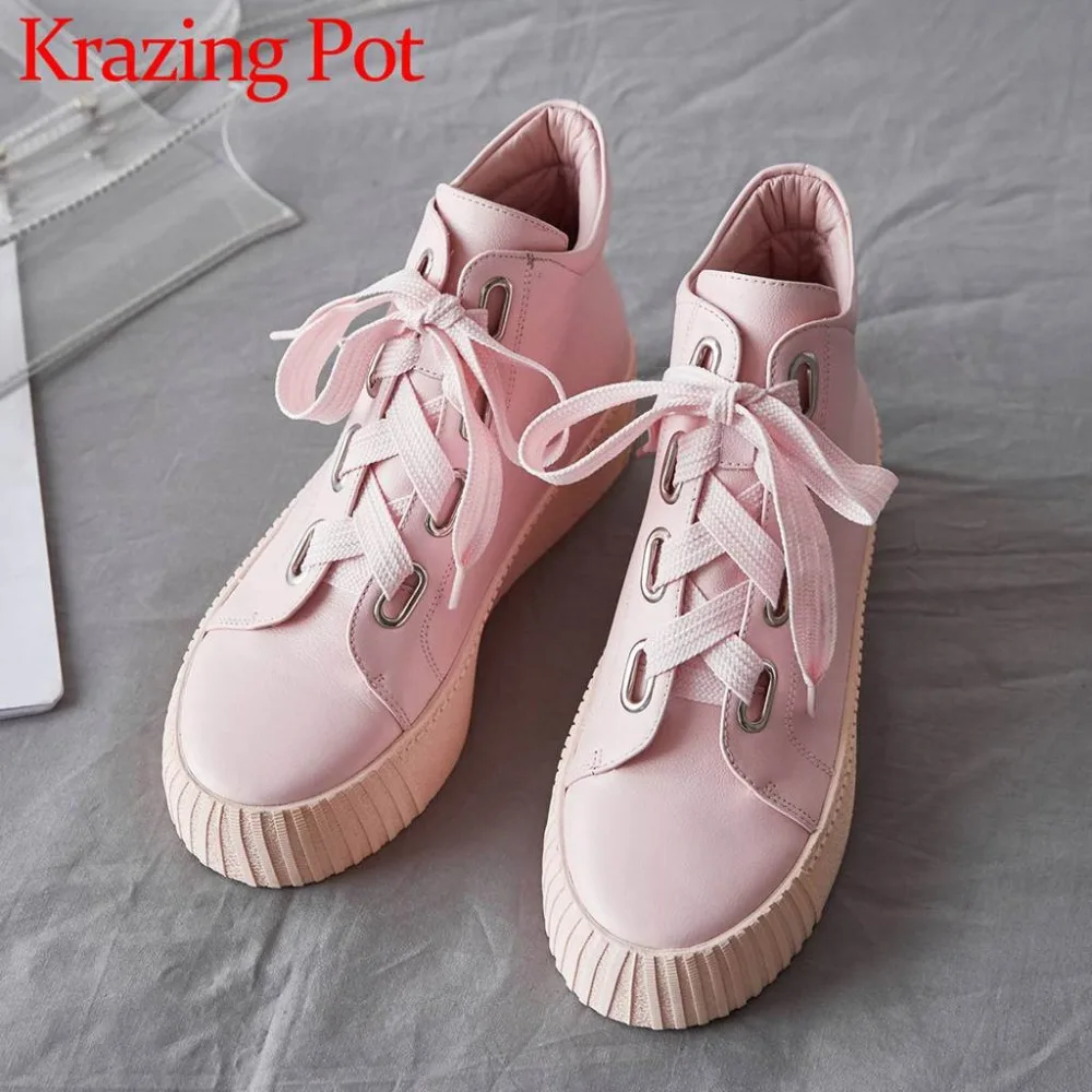 

2018 pretty style sweet girls round toe med thick bottom platform handmade cow leather lace up winter warmful ankle boots L88