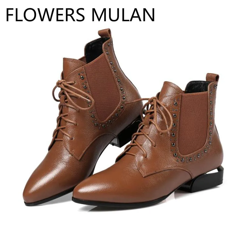 

Brown Dark Green Black Leather Chic Sewing Brogue Winter Boots Women Pointed Toe Chunky Heel Ladies Botas Lace Up Shoes Woman