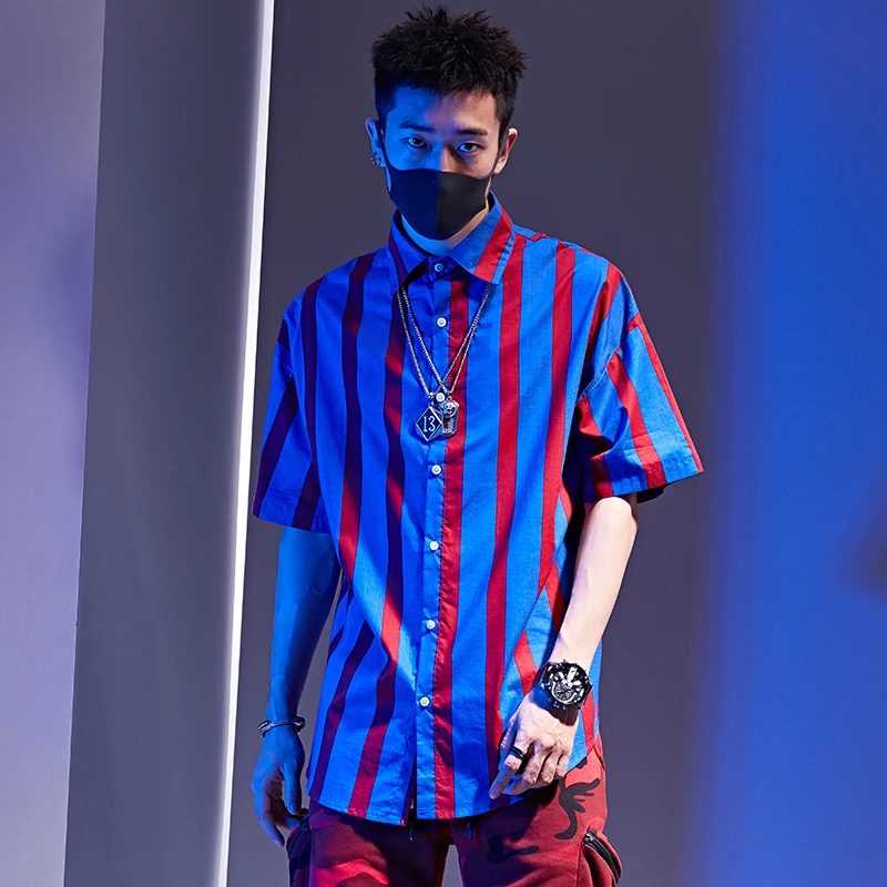 

Trendy Men Shirt Stripe Patchwork Mens Shirt Summer Breathable M-XL Men Shirt Short Sleeve