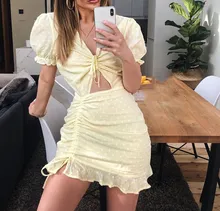 2019 Summer Women Cute Dot Print Dress Hollow Out Ruffle Dress Casual Streetwear Club Mini Dress ruffle detail dot textured embroidery dress