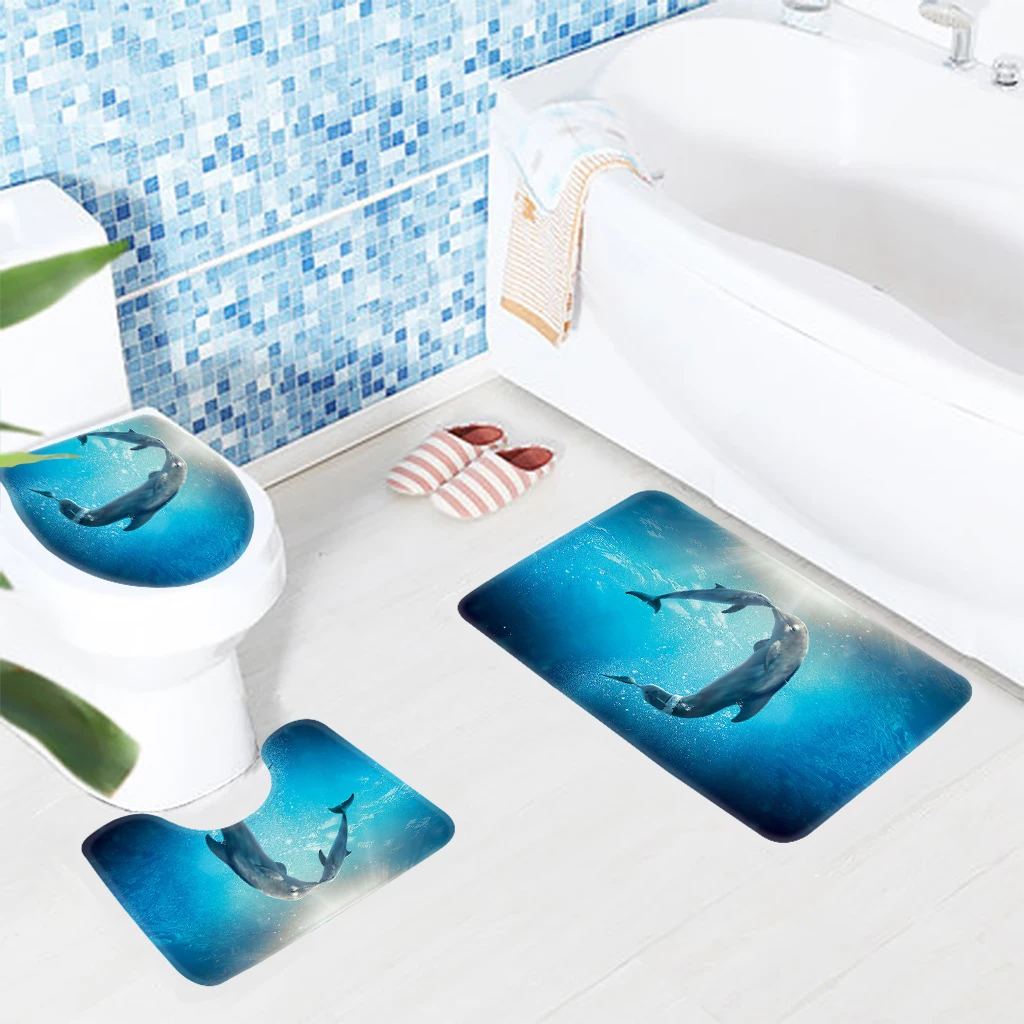 3pcs Bath Mat Sets Dolphin Dauphins Underwater Pattern Bathroom Mat Non