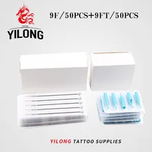 YILONG(9F+ 9FT) 50 шт одноразовые стерильные иглы татуировки+ 50 шт синие одноразовые татуировки Советы иглы татуировки продукт