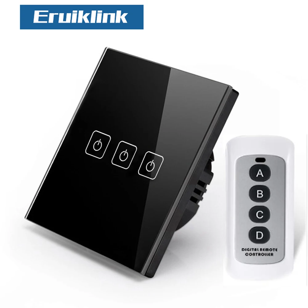 Eruiklin EU/UK Standard 3 Gang 1 Way Remote Control Touch Switch, RF433