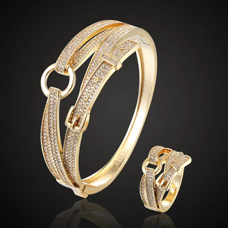 Gold Ring 7 Год Женская пара ювелирных изделий Модные женские кубический циркон браслет и браслет ремень манжета браслет Свадебный аксессуар - Окраска металла: Gold Ring 7