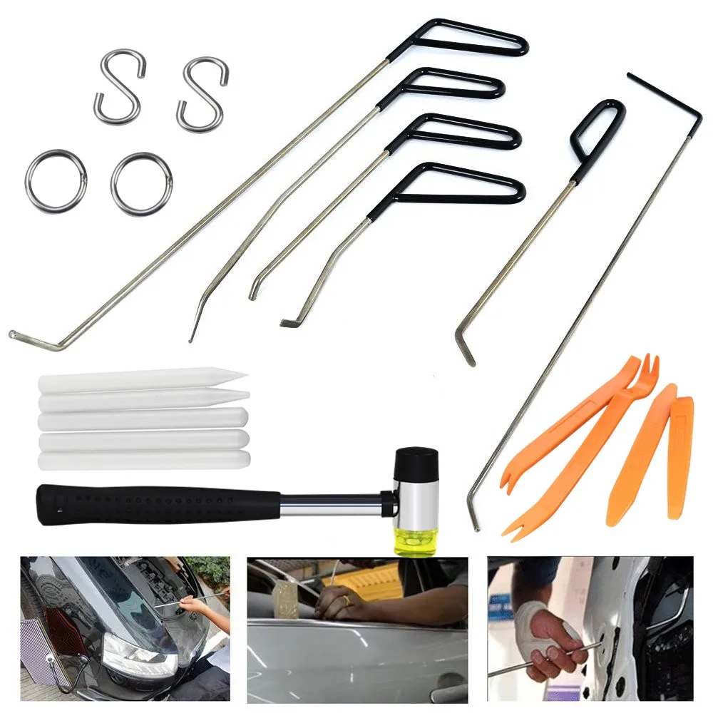 

FURUIX PDR Puller Rod Hook Tools with Hammer Car Radio Removal Rubber Paintless Dent Repair Kit for Car Dent Remove Hail damage