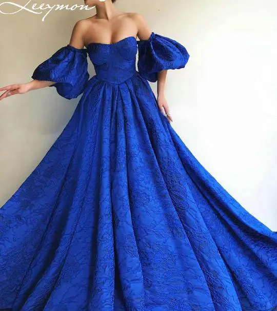 

Vintage Blue Evening Dress A Line Strapless Puff Sleeves Pleated Evening Party Gown Prom Dress Vestido De Festa Long Dress