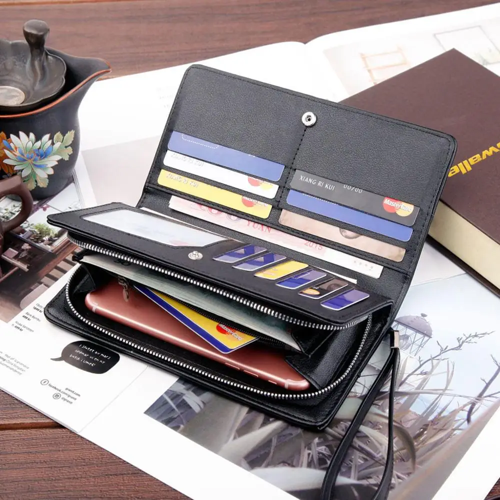

HTNBO men's wallet 2019 business and casual double zipper clutch purses multi-function big capacity bag design leather wallet