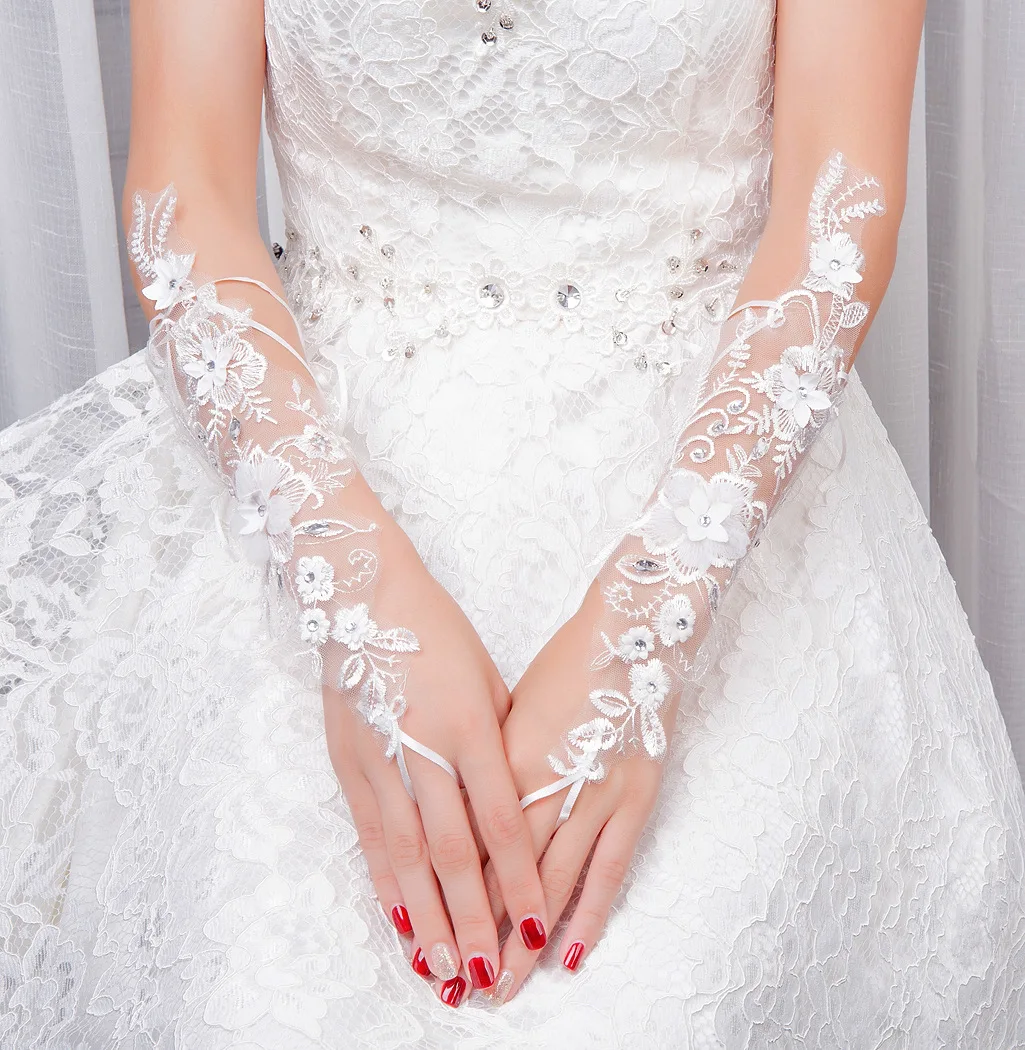 

Bride Lace White Wedding Gloves Bridal Wedding Accessories Spring Summer Winter Gloves Fingerless Elbow Length Beaded Crystal