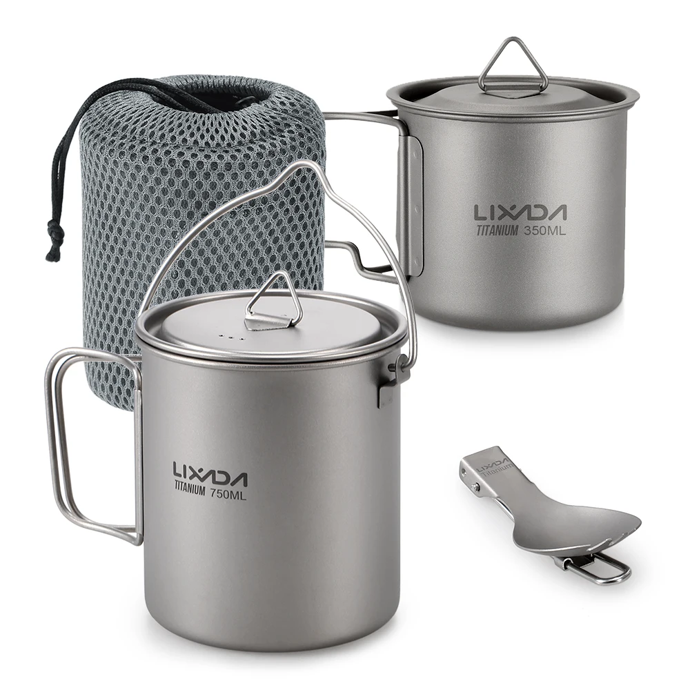

Lixada 3 Pieces Titanium 750ml Pot 420ml Water Cup Mug with Lid Handle Folding Spork for Outdoor Camping Picnic Backpacking
