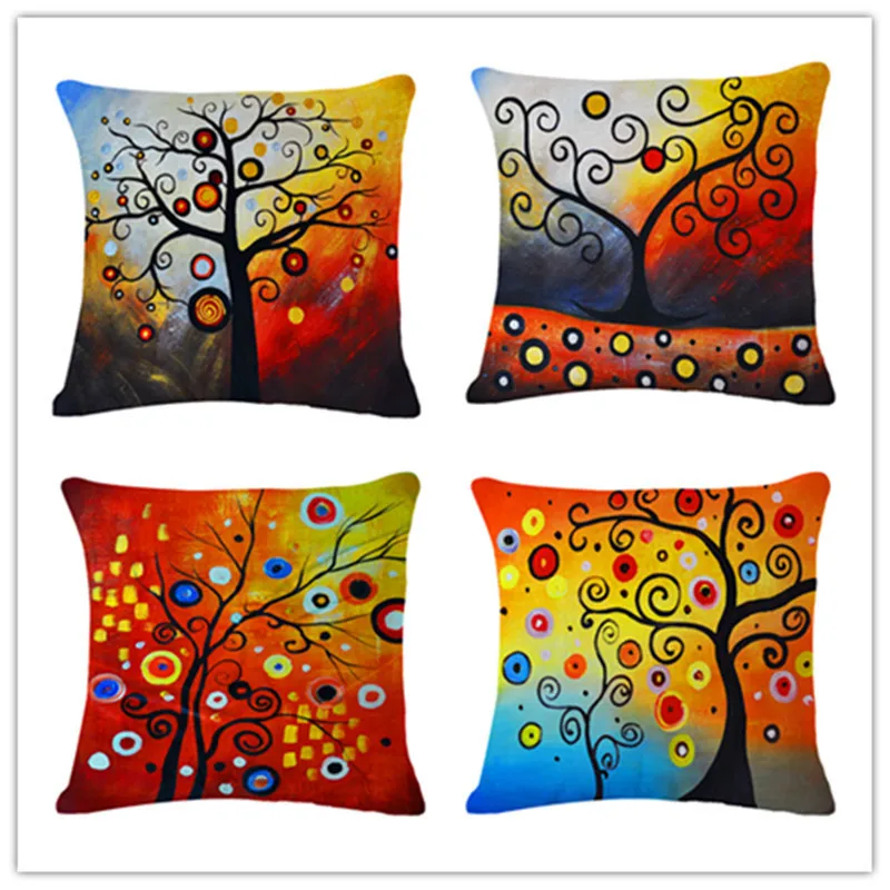 

American Village Style Colorful Tree Linen Cotton cushion cover For Car Fundas Home Decorative Pillow Throw print your name gift