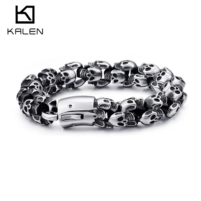 Online Pulseras grandes de acero inoxidable de calaveras brillantes para hombre, pulsera de esqueleto Punk para chico, joyería de moda, el mejor regalo para hombres grandes