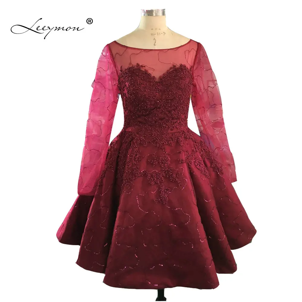 Burgundy Long Sleeves Beading Cocktail Dress 2019 Knee Length Lace