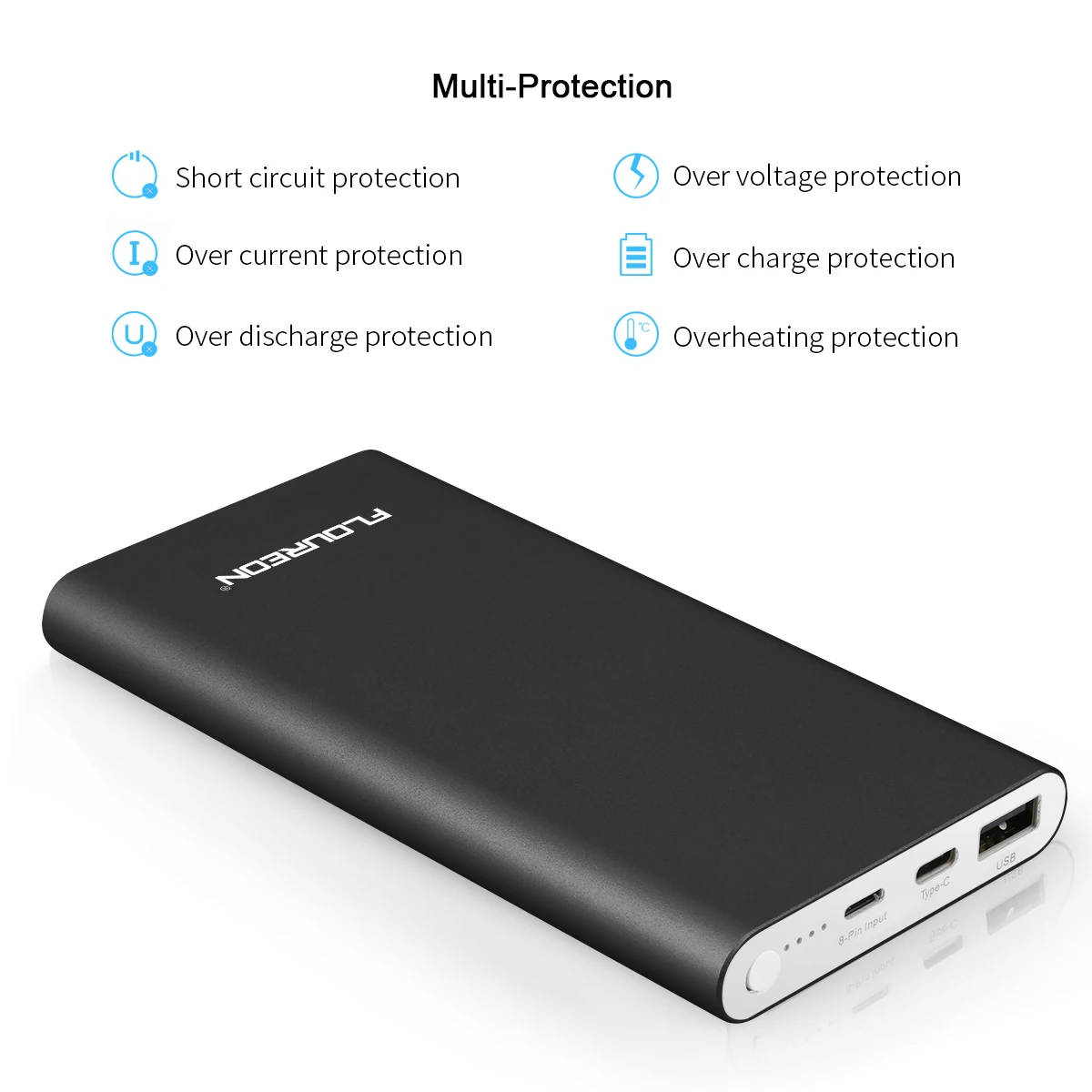 Floureon 12000 mAh Мощность банк с 3A quick charge Портативный Мощность банк с Lightning Тип C Вход для iphone 8 Plus iPad samsung