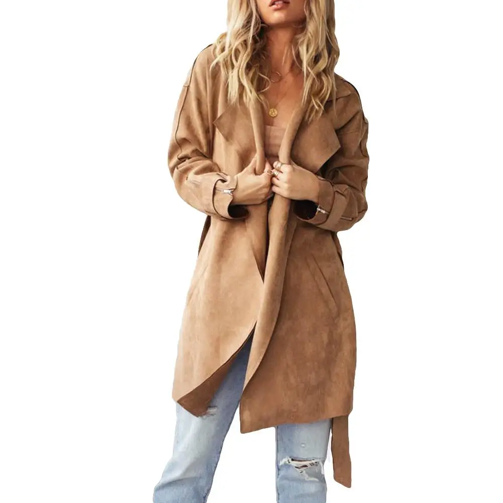 

Turn Down Collar Suede Women Trench Coat Winter Warm Long Overcoat with Sash