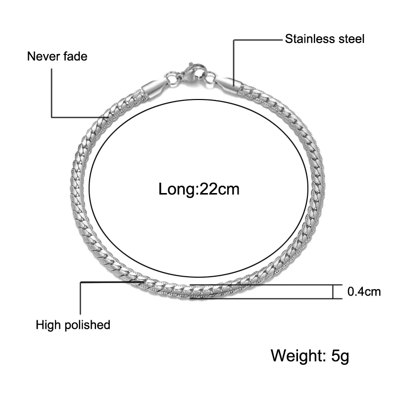 Хип 316L нержавеющая сталь браслет Франко звено цепи браслет для мужчин ювелирные изделия 4 мм 22 см мужские браслеты Прямая - Окраска металла: Silver