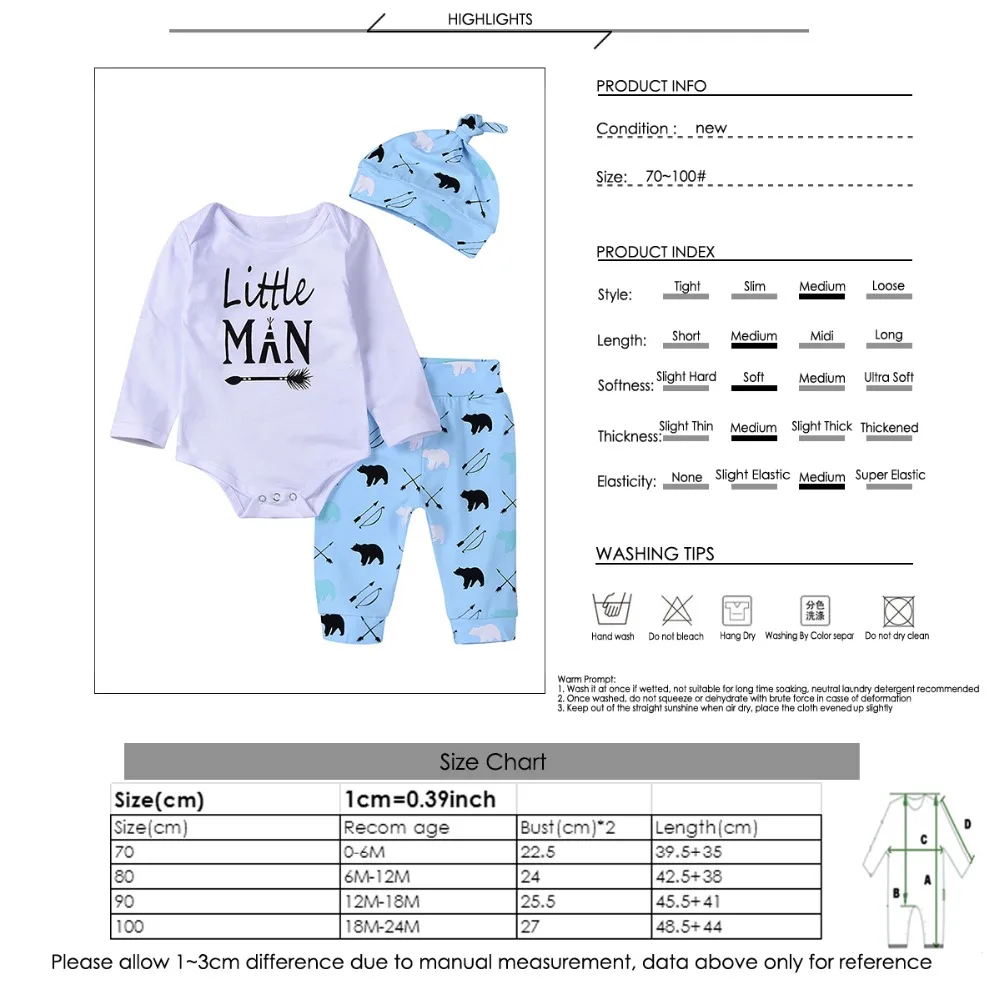 Puseky Повседневное Одежда для новорожденных мальчиков с длинными рукавами маленький человек комбинезон брюки шляпа 3 шт. комплект одежды Bebek