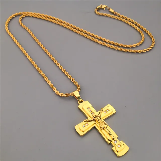 Gold Cross Crucifix Jesus Zirconia Charm Necklace Pendant Rope Chain