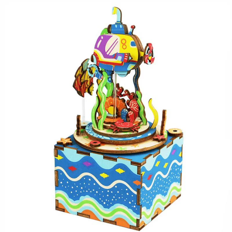 

Robotime DIY 3D Wooden Puzzle Toy Sea World Revolving Music Box Assembling Building Kits Decoration Wood Puzzles Toys For Kids