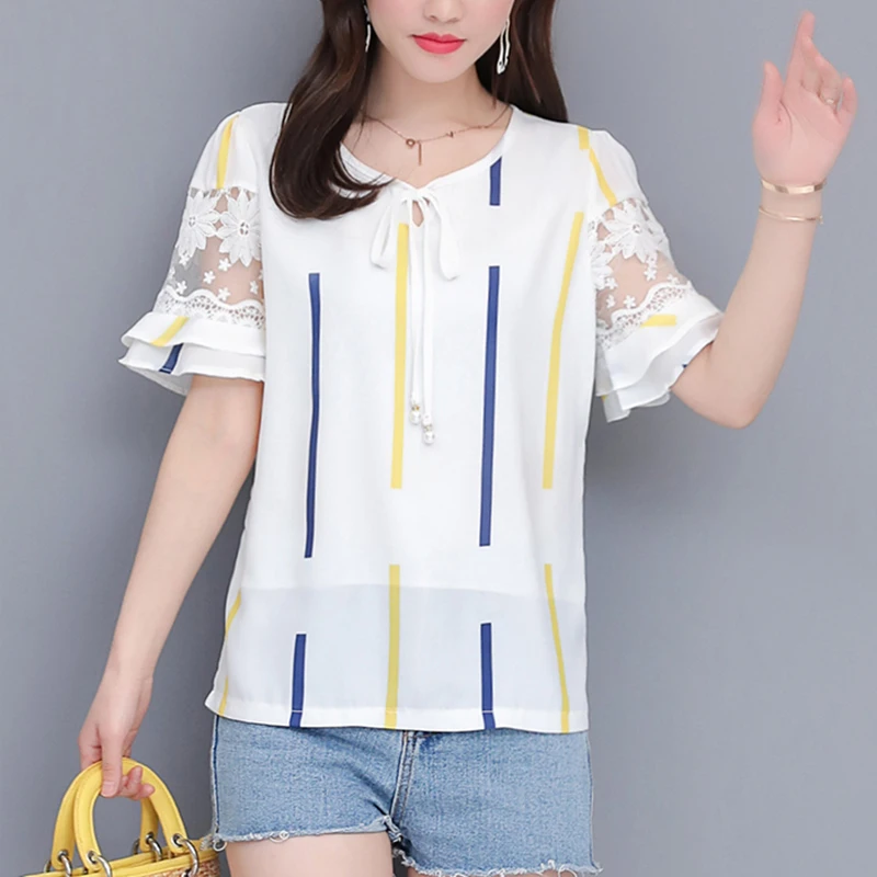 

Summer Tshirts Women T-Shirt Casual Top O-Neck Short Butterfly Sleeve Bow Loose Plus size 4XL Chiffon Spliced Lace Blusas Tops