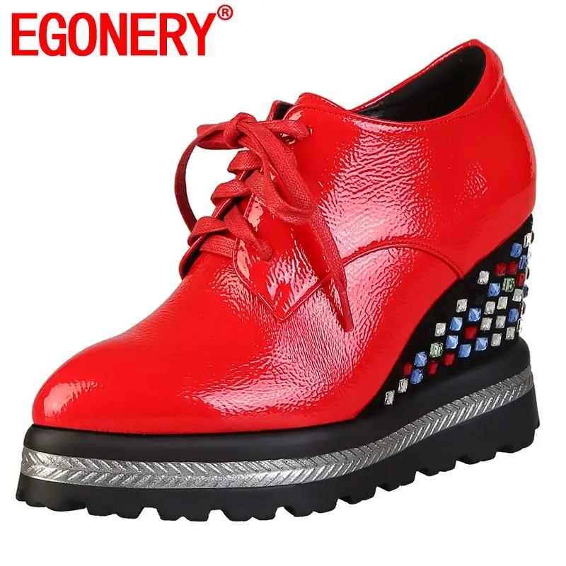 

EGONERY office woman lace pumps patent leather fashion party red black beige crystal diamond high heels wedges shoes