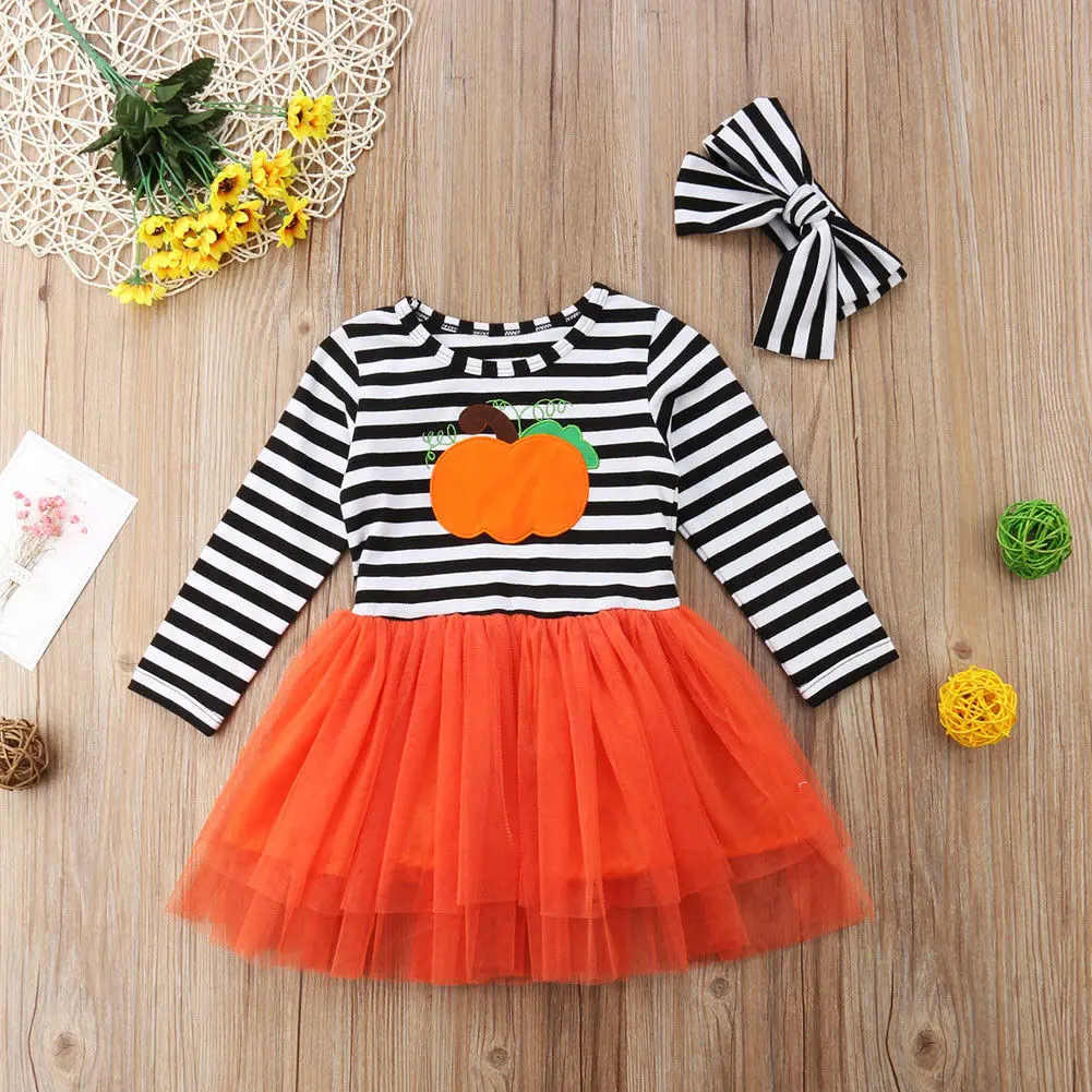 

Children's Cute Long Sleeve Halloween Pumpkin Print Stripe Tulle Party Dress Hair Strap Two Set Baby Girl Clothes 2018