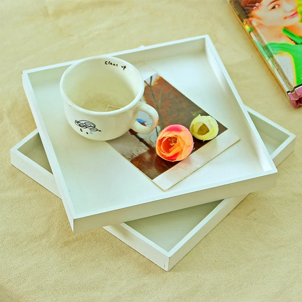 White Wood Tray Food Serving Makeup Storage Fruit Plate Photo Props Modern Household Home Storage Trays 20x20cm C42