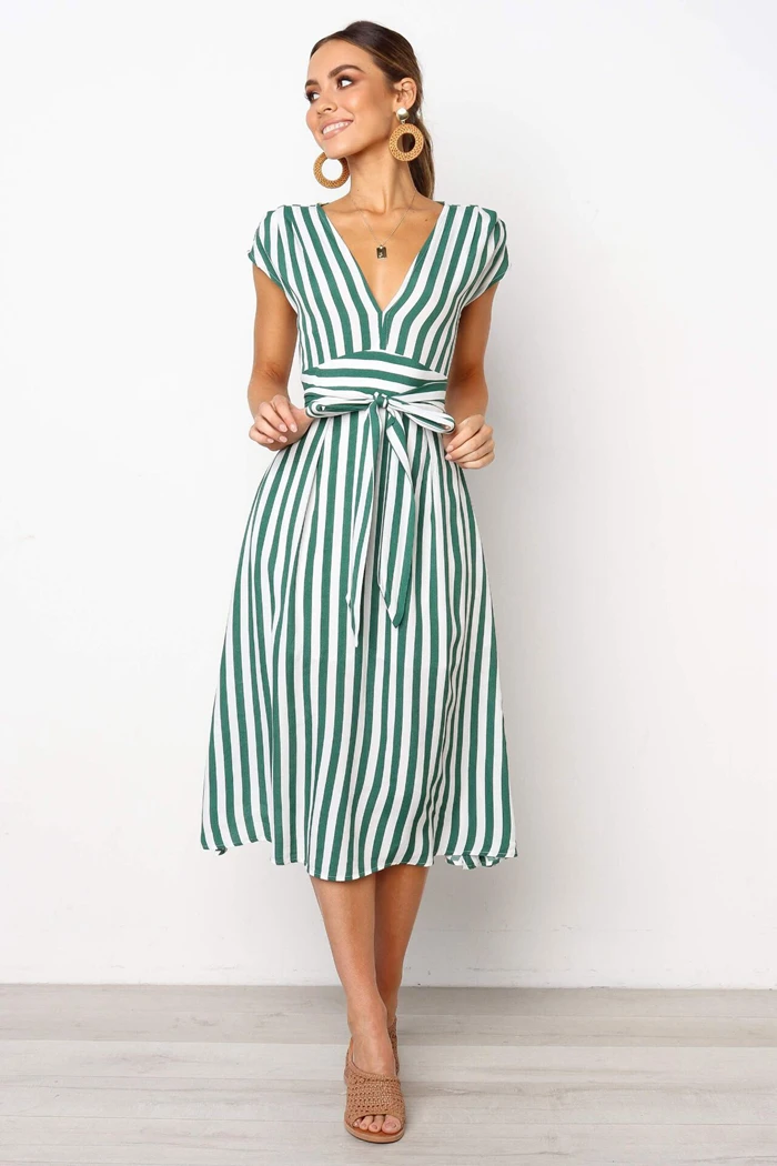 

Green Striped Dress Bow Bandage Sexy Summer Spring Off Shoulder Women Beach Dresses V-neck Knee Length Elegant Shirt Dress