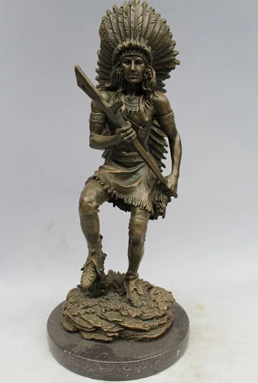 

wholesale factory 13" Western Art Sculpture Pure Bronze Marble Indians Huntsman Statue