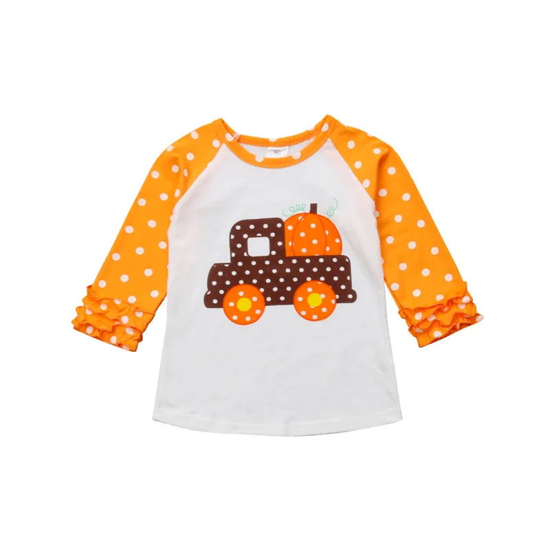 

2020 Brand Car Pumpkin Halloween Toddler Baby Kids Girl Ruffle Sleeve Tops Cotton T-shirt Clothes Swing Dots Patchwork Clothing