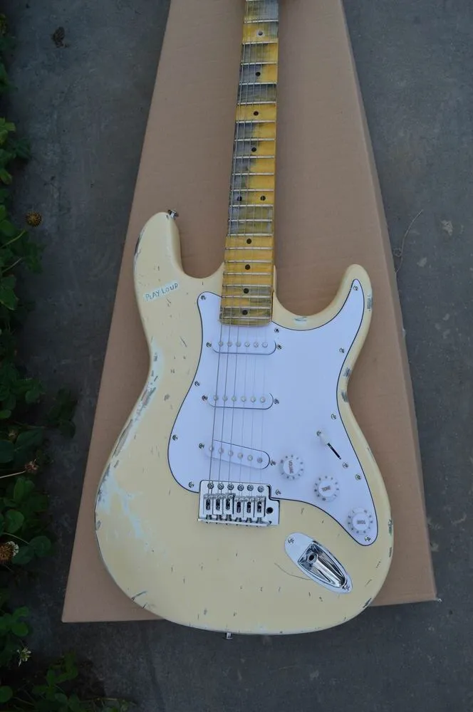 Free shipping Best selling custom shop STR Electric Guitar3 pickups in AGED Retro milk yellow 140610-0801