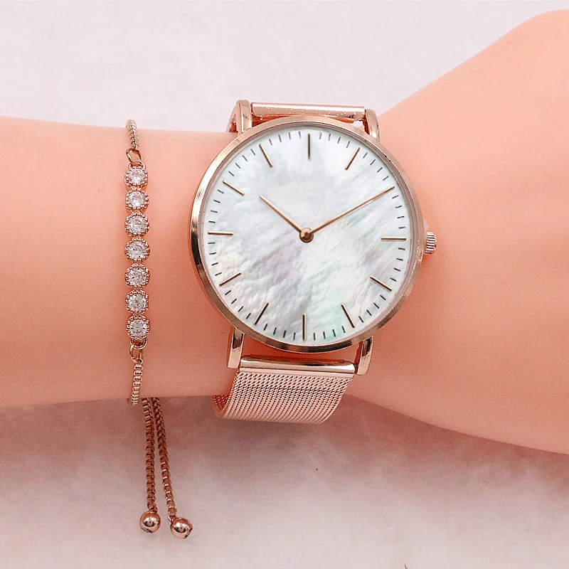 

Mavis Hare Rose Gold Crystal adjustable Watches Bracelet Set include White Seashell Wristwatches and Clear Cubic Snake bracelet