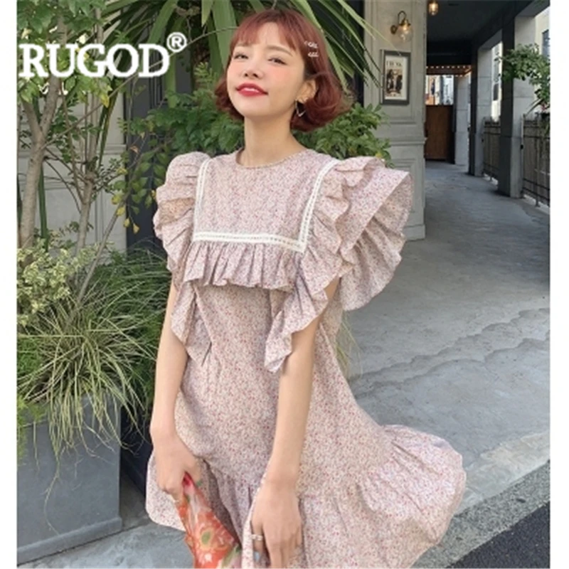 

RUGOD Women mini dress pink sweet prairie chic o-neck print ruffles butterfly sleeve empire a-line dress 2019 summer fashion