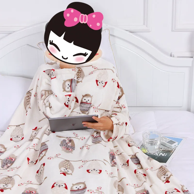 

Coral Fleece Casual Nap Blanket with Sleeve Creative Cartoon Prints Wearable Warm and Comfortable Travel Blankets
