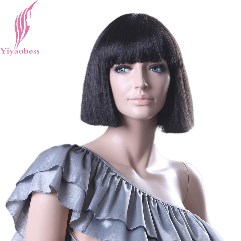 Yiyaobess Short Black Wig With Bangs Personality Design Synthetic