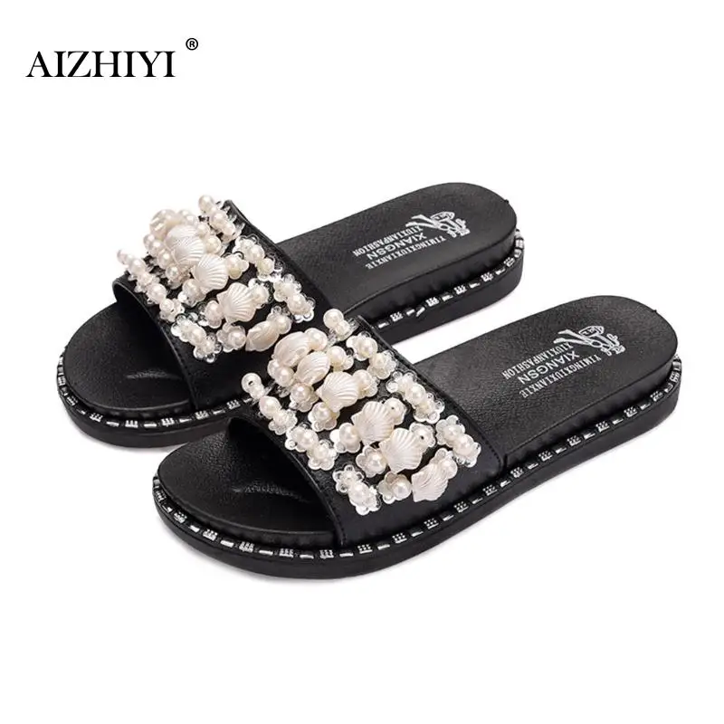 

Fashion Student Girls Footwear Summer Beach Shell Pearls Shoes Casual Outdoor Women Thick Bottom Flat Slippers