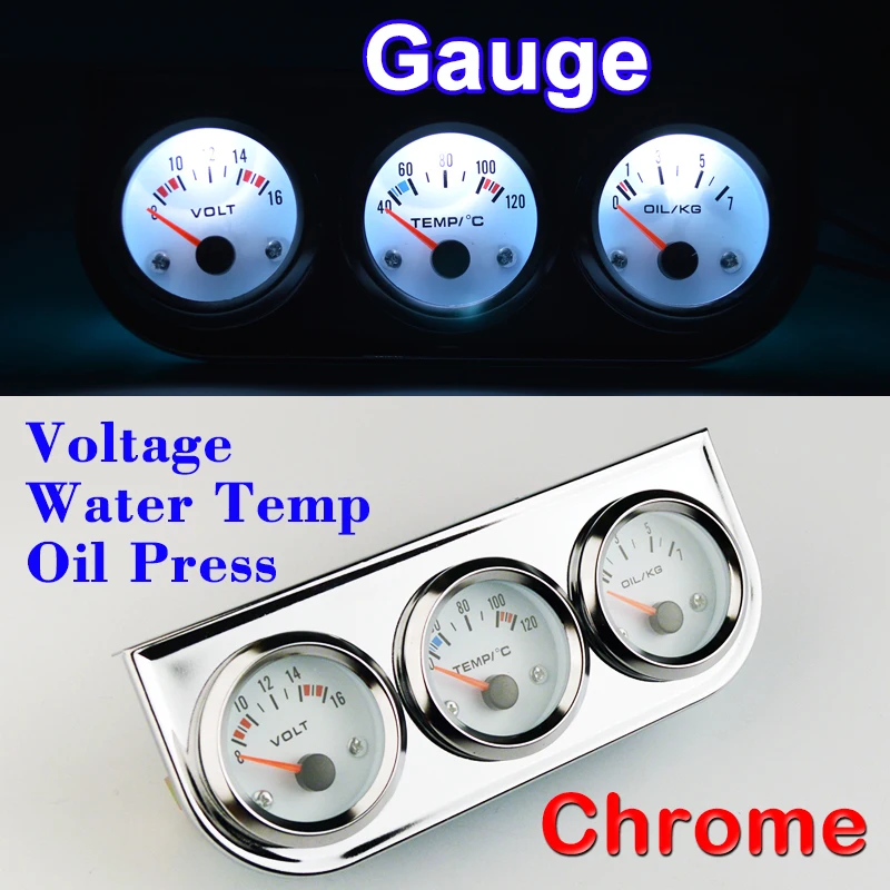 

DRAGON GAUGE Car Gauge Set Voltage Water Temperature Oil Press 3 In 1 Kit Chrome Triple Car Meter Dashboard Whte Face Red Needle