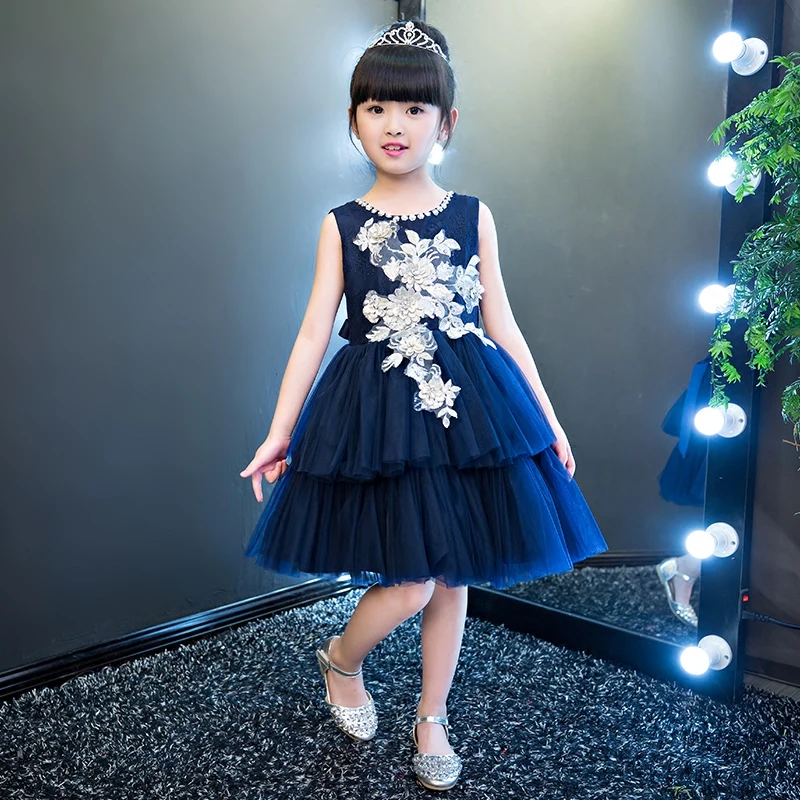 new navy blue kids sequin dresses flower girls formal gown elegant high