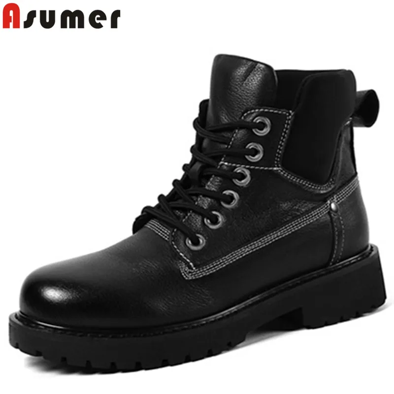 

ASUMER black fashion hot sale new ankle boots for women round toe lace up genuine leather boots med heels ladies prom boots