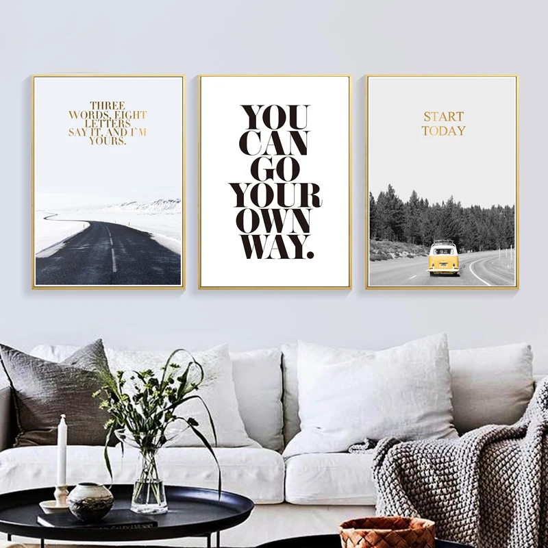 

Nordic Canvas Painting Yellow Bus Poster Quotes Modern Wall Art Snow Posters And Prints Wall Pictures for Living Room Unframed