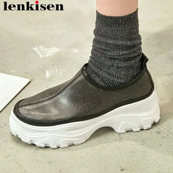 

Lenkisen new pvc material transparent thick bottom platform round toe metal zipper high fashion breathable vulcanized shoes L15