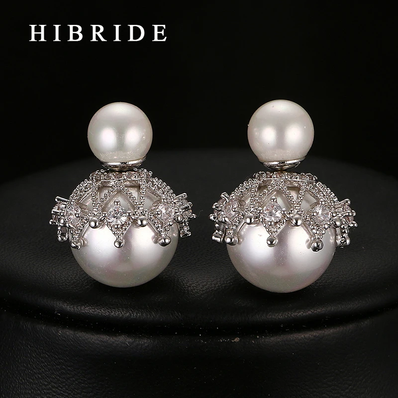 

HIBRIDE Women's Fashion Double Sides Pearl Earrings Rhinestones Water Drop Elegant Faux Pearl Earrings E-03