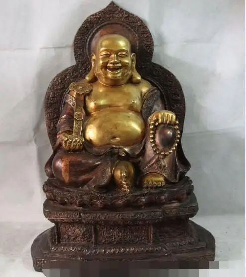 

S6610 20" Chinese Buddhism Bronze Copper Gild Ru Yi Sit Lotus Maitreya Buddha Statue D0318
