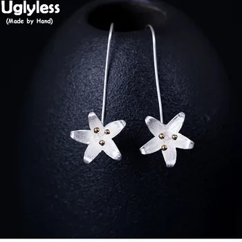 

Uglyless 100% Real 925 Sterling Silver Handmade Five Petals Flower Earrings for Women Floral Ear Line Ethnic Glossy Fine Jewelry