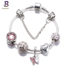 BAOPON розовые подвески в форме бабочки браслеты и браслеты подарок посеребренный бусины из горного хрусталя в виде сердечек браслет для женщин Шарм BR022