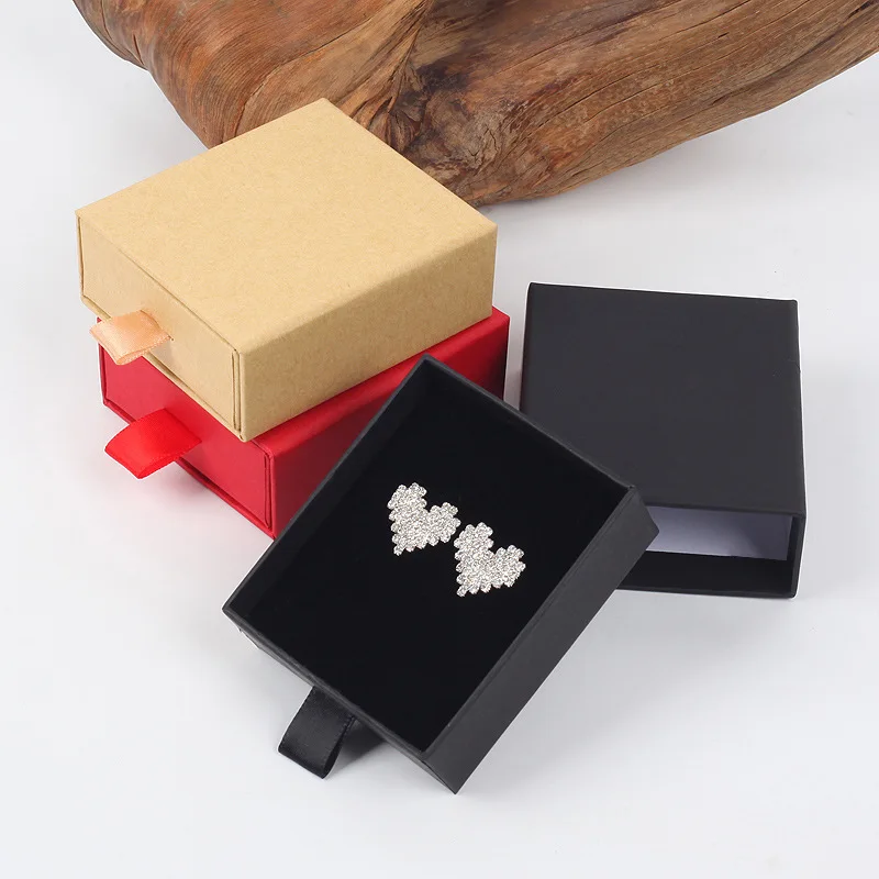 

7x8x3cm Kraft Paper Drawer Style Jewlery Boxes 20pcs Red/Black/Brown Ring Earring Jewelry Display Boxes With Sponge Packaging