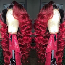 SimBeauty Ombre 1B/красный объемный волнистый парик из человеческих волос на кружеве, перуанские волосы Remy, предварительно выщипанные волосы с детскими волосами для черных женщин