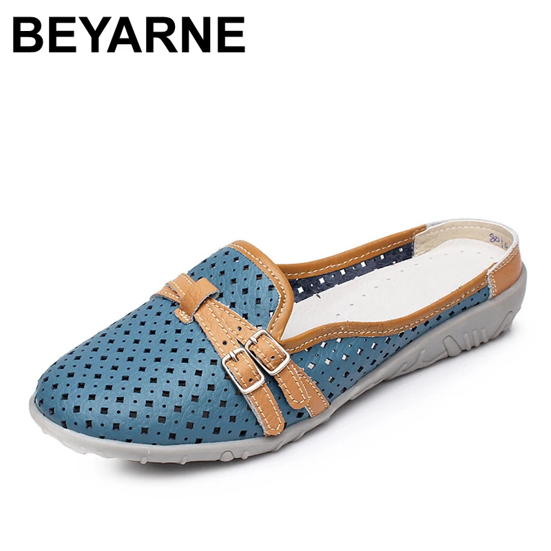 

BEYARNE Summer new fashion comfortable flat non-slip shoes breathable with flat bottom Scuffs genuine leather women's sandals